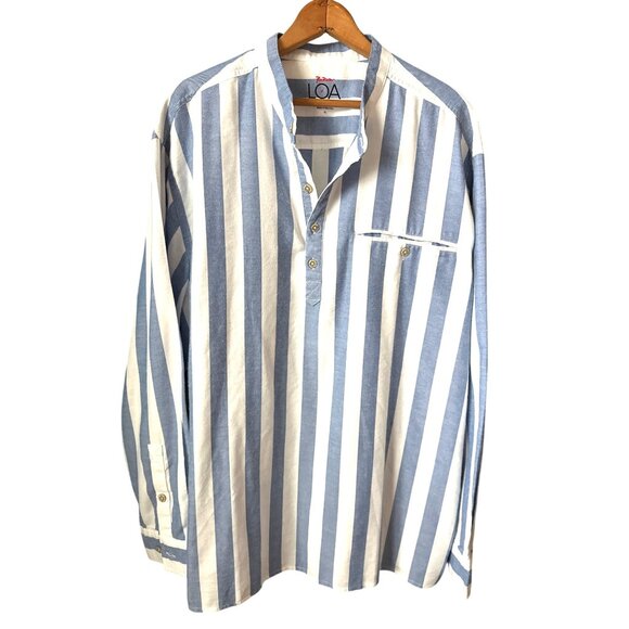 RailRiders Button Up Shirt Blue White Striped Collarless 1/2 Button Size XL